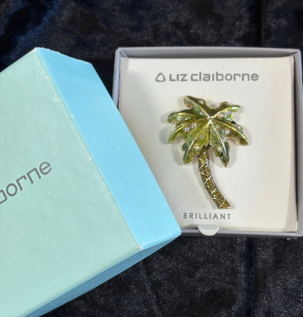 Liz Claiborne Green Palm Tree Rhinestone Brooch – New in Box