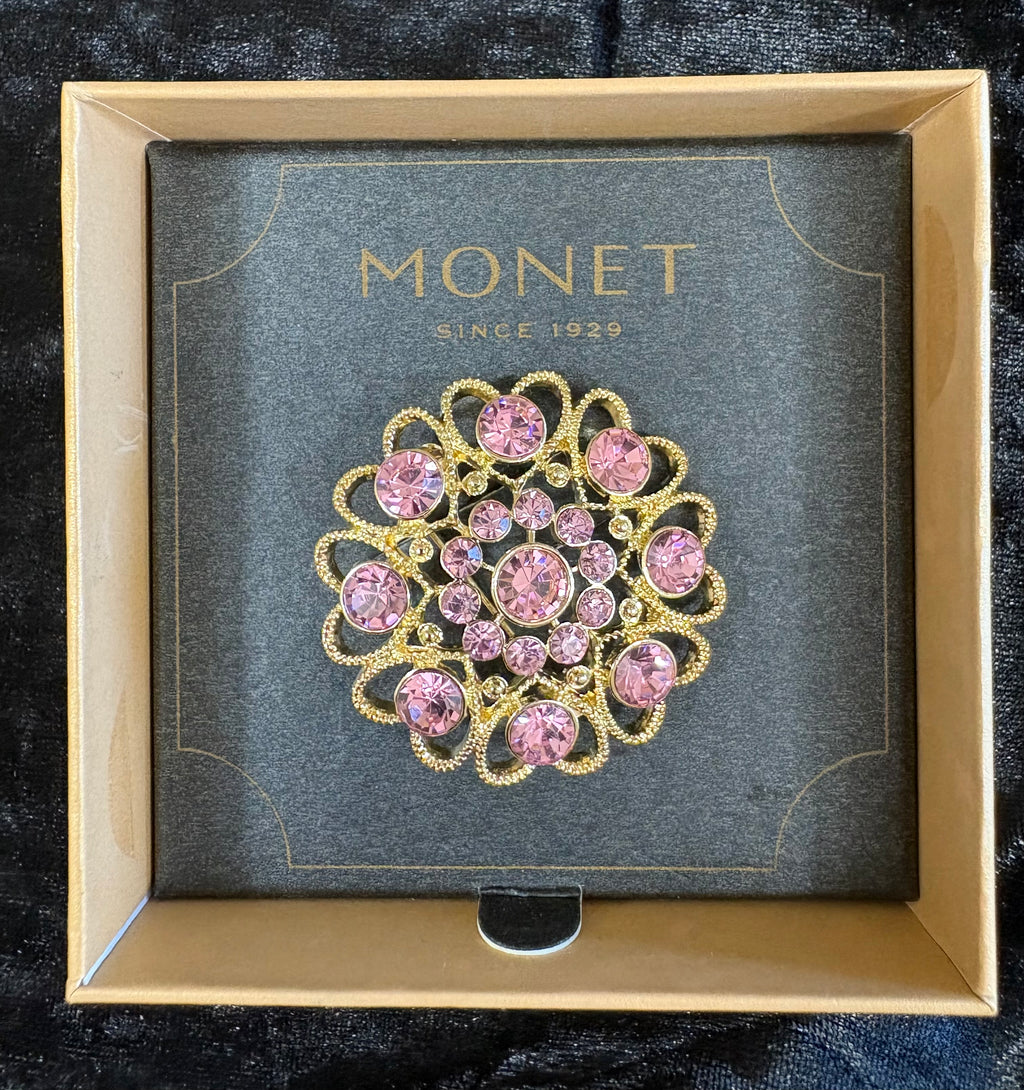 Monet Gold-Tone Pink Rhinestone Statement Brooch