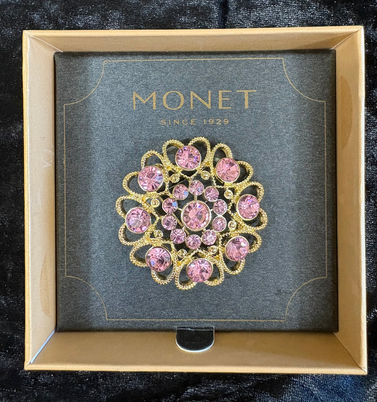 Monet Gold-Tone Pink Rhinestone Statement Brooch