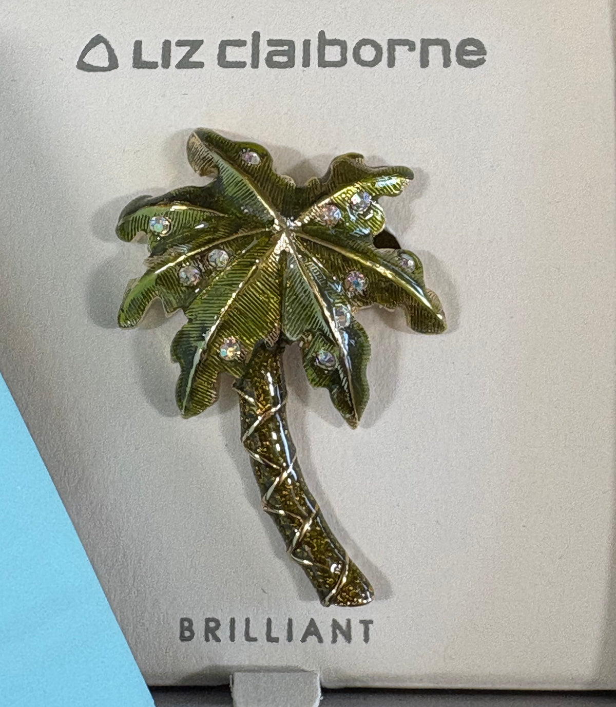 Liz Claiborne Green Palm Tree Rhinestone Brooch – New in Box