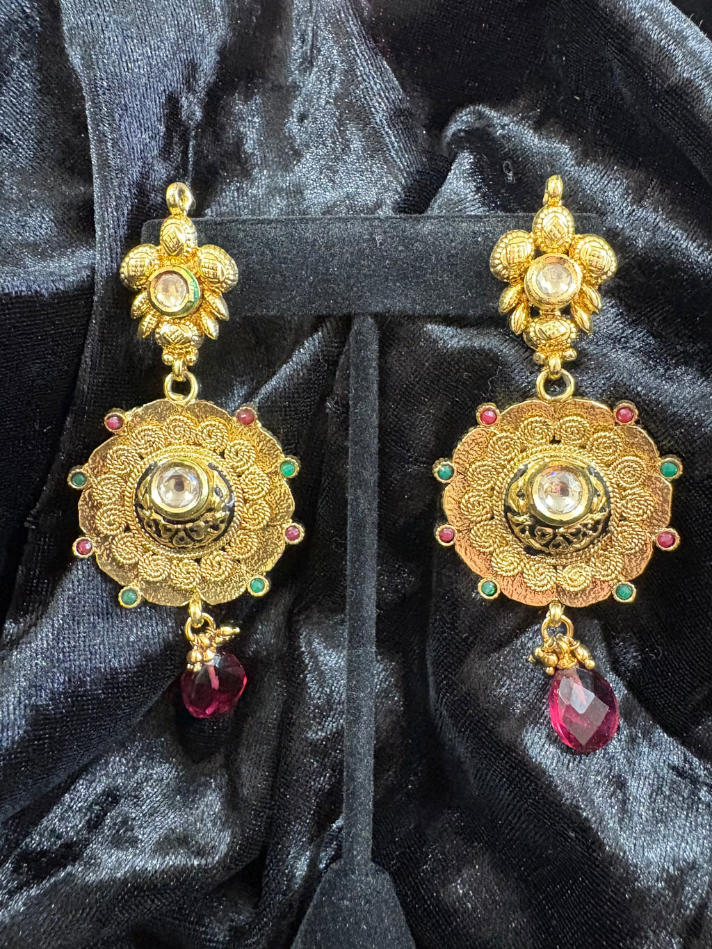 Gold-Tone Ornate Red & Green Statement Drop Earrings