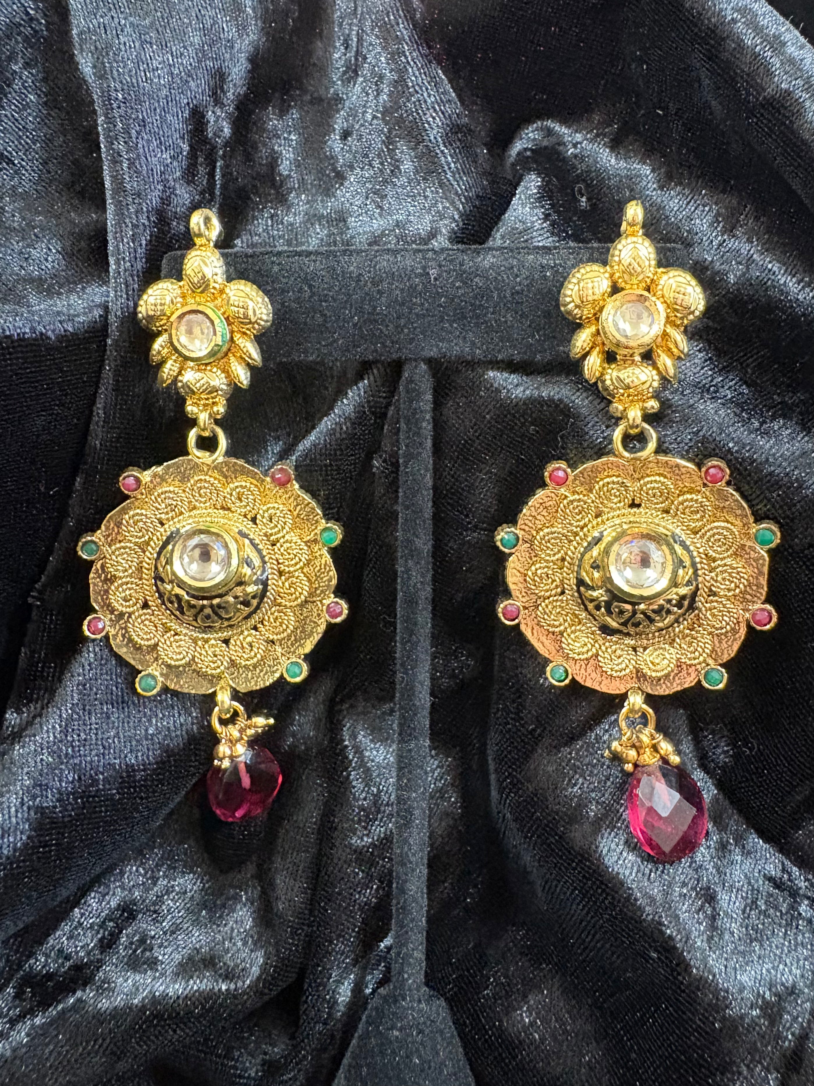 Gold-Tone Ornate Red & Green Statement Drop Earrings