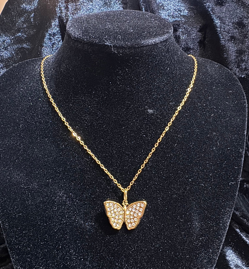 18K Gold-Plated Rhinestone Butterfly Pendant Necklace – 16” + 2” Extender