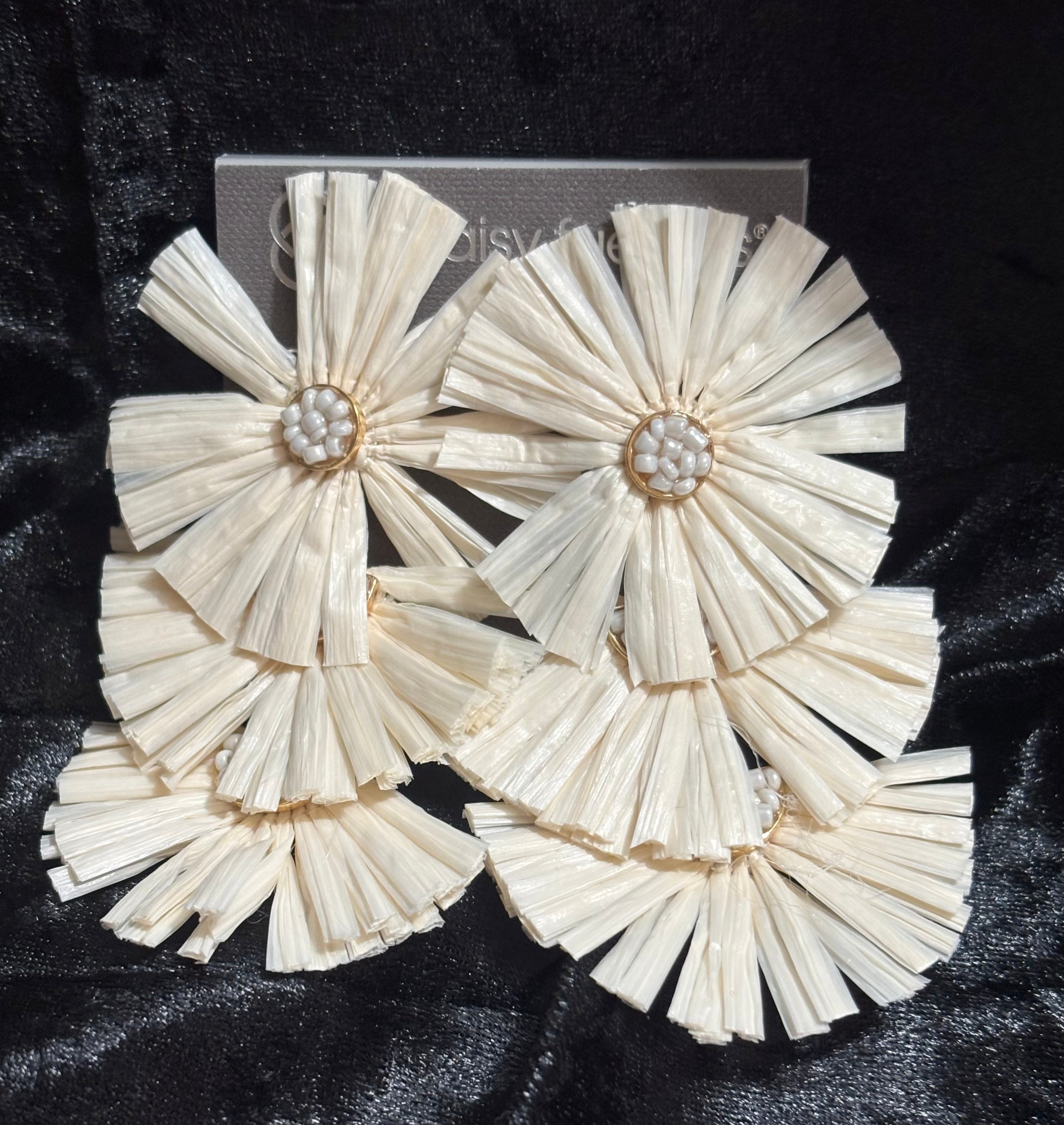 Daisy Fuentes Ivory Raffia Statement Earrings with Beaded Centers
