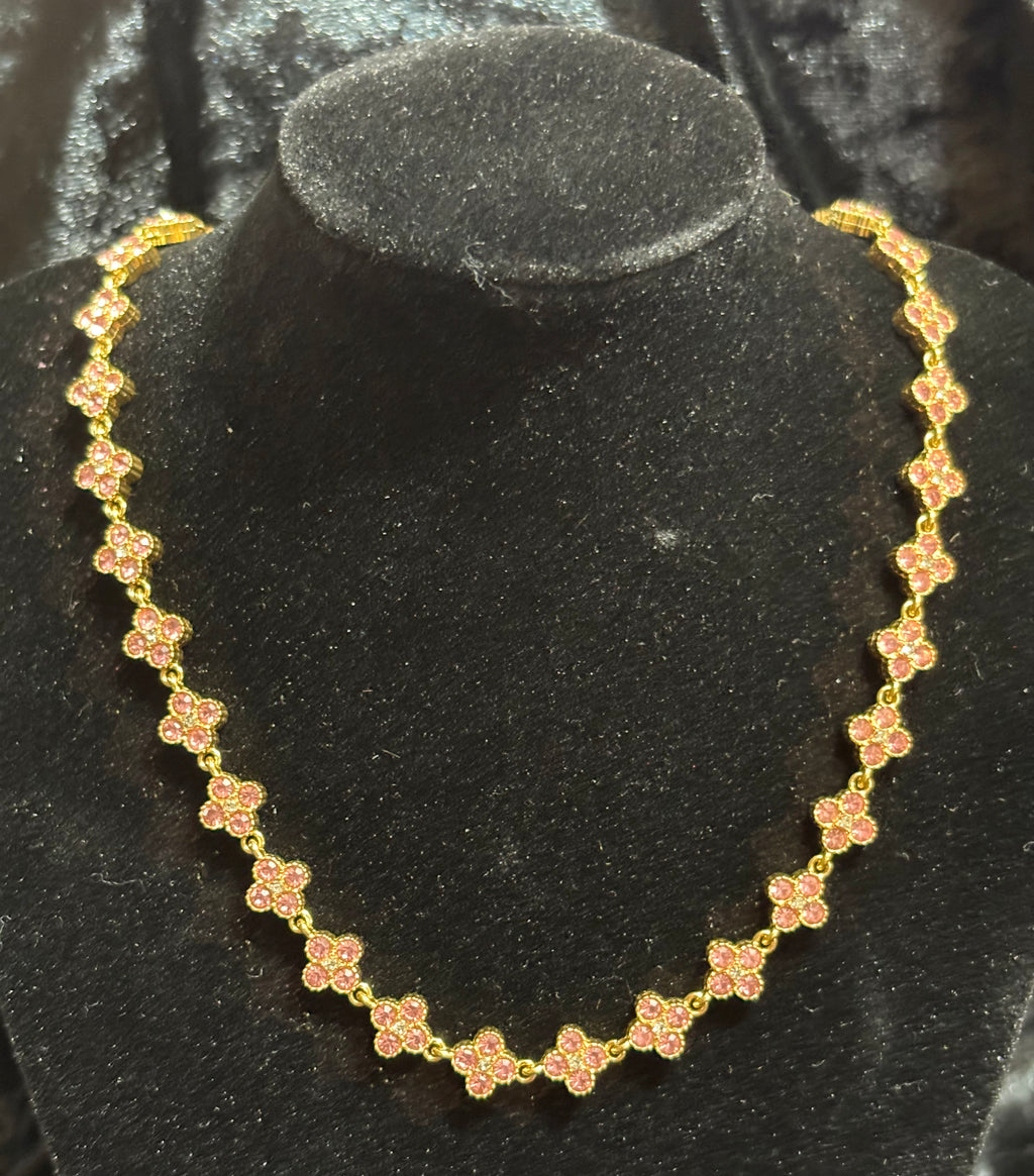 S.steel Gold-Tone Pink Rhinestone Floral Necklace
