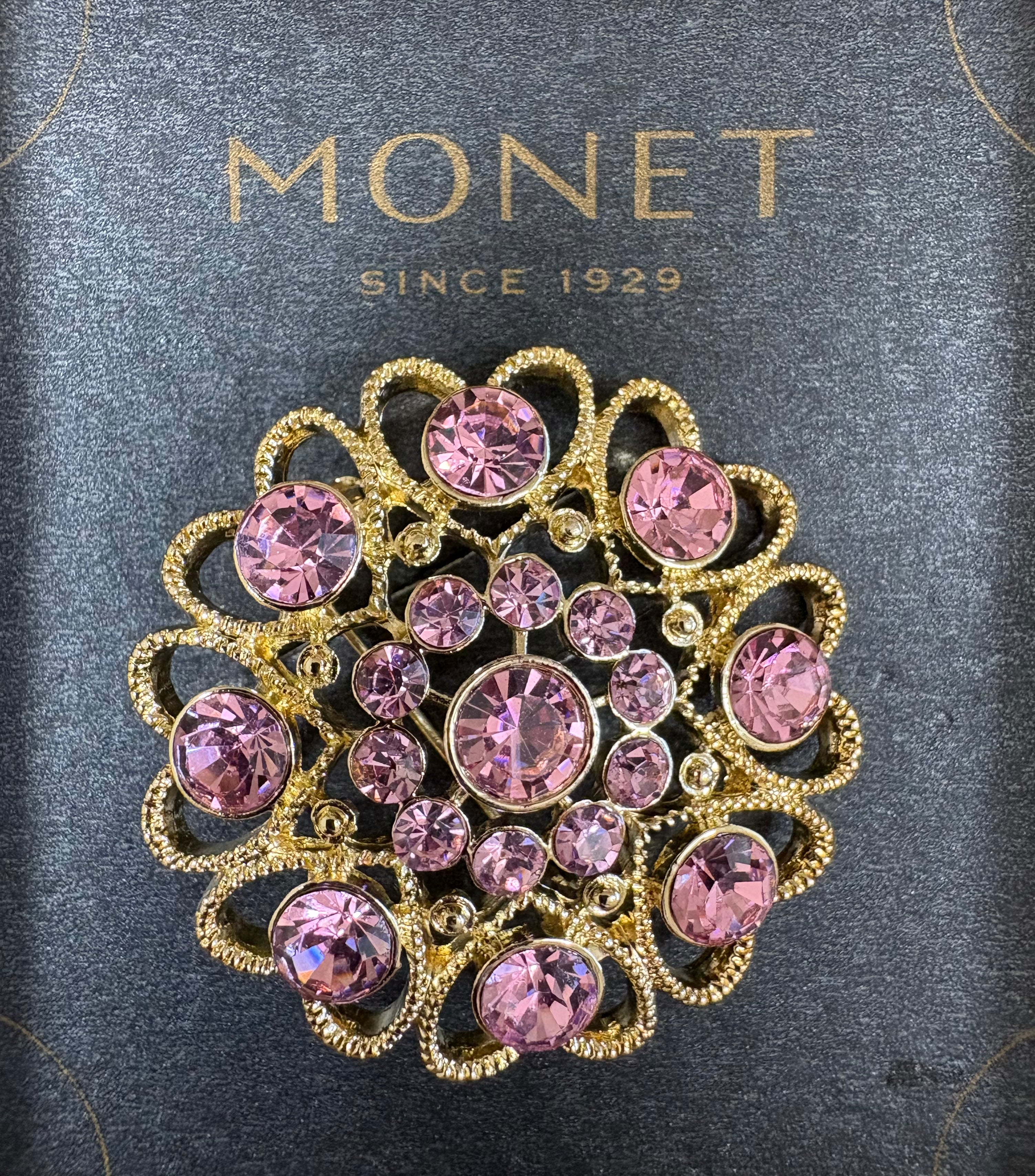 Monet Gold-Tone Pink Rhinestone Statement Brooch