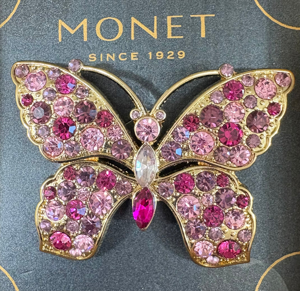 Monet Pink Rhinestone Butterfly Brooch – New in Box
