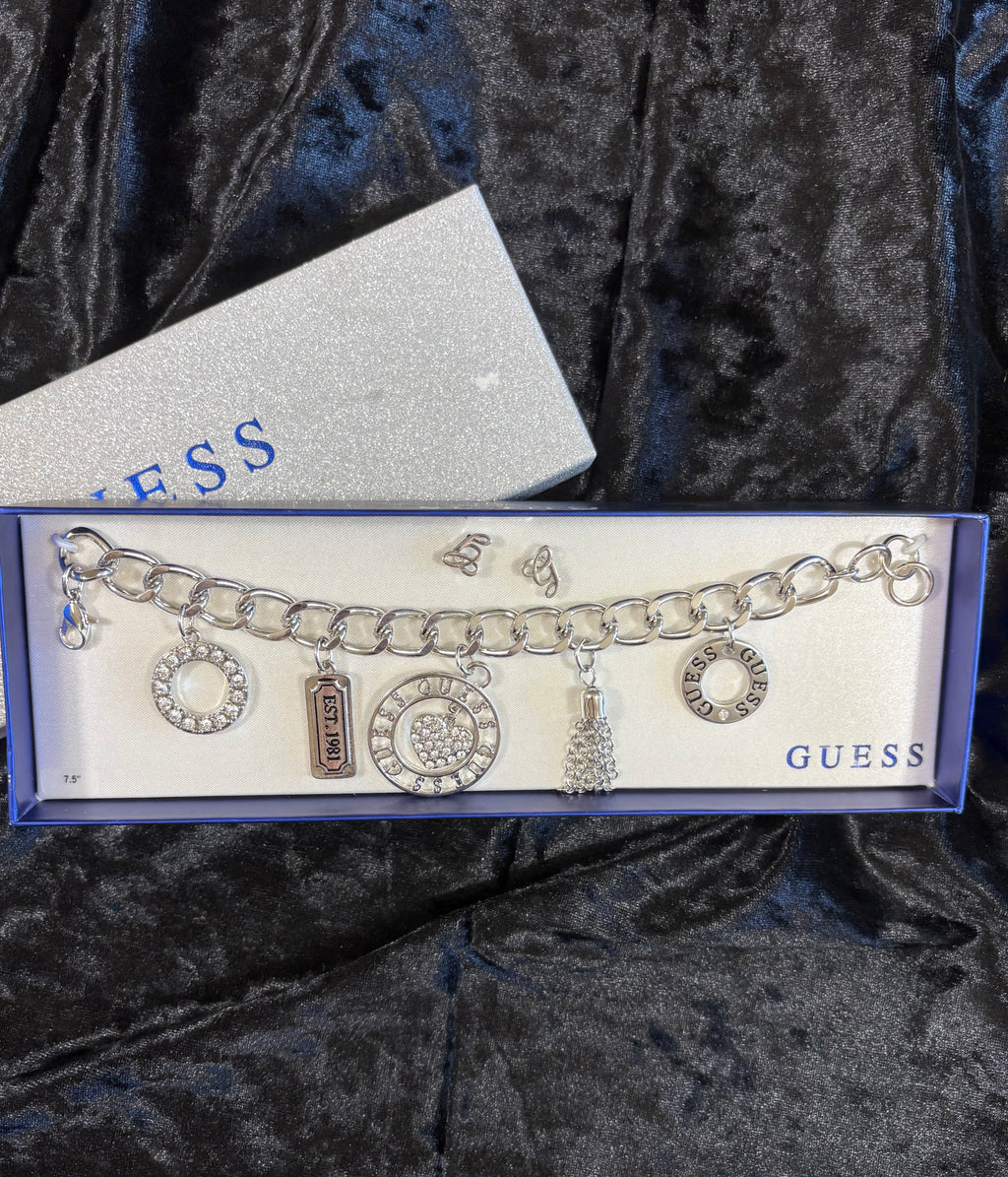 GUESS Silver-Tone Charm Bracelet & Earring Set – New in Box