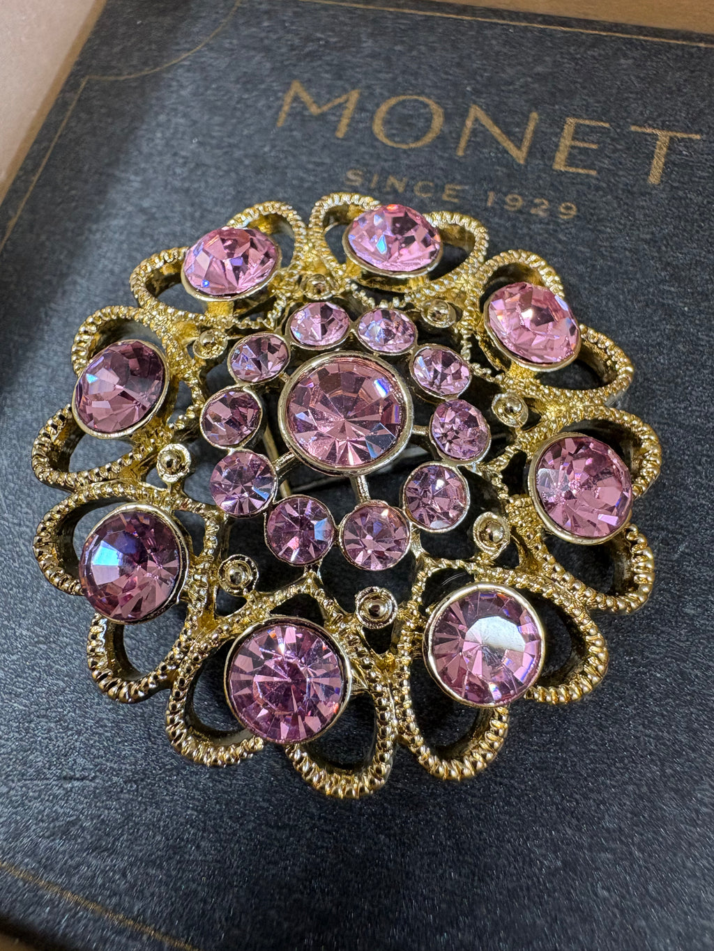 Monet Gold-Tone Pink Rhinestone Statement Brooch