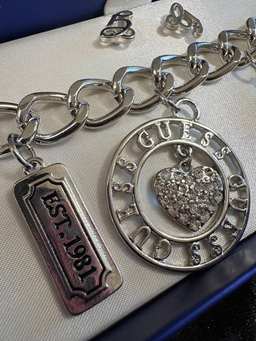 GUESS Silver-Tone Charm Bracelet & Earring Set – New in Box
