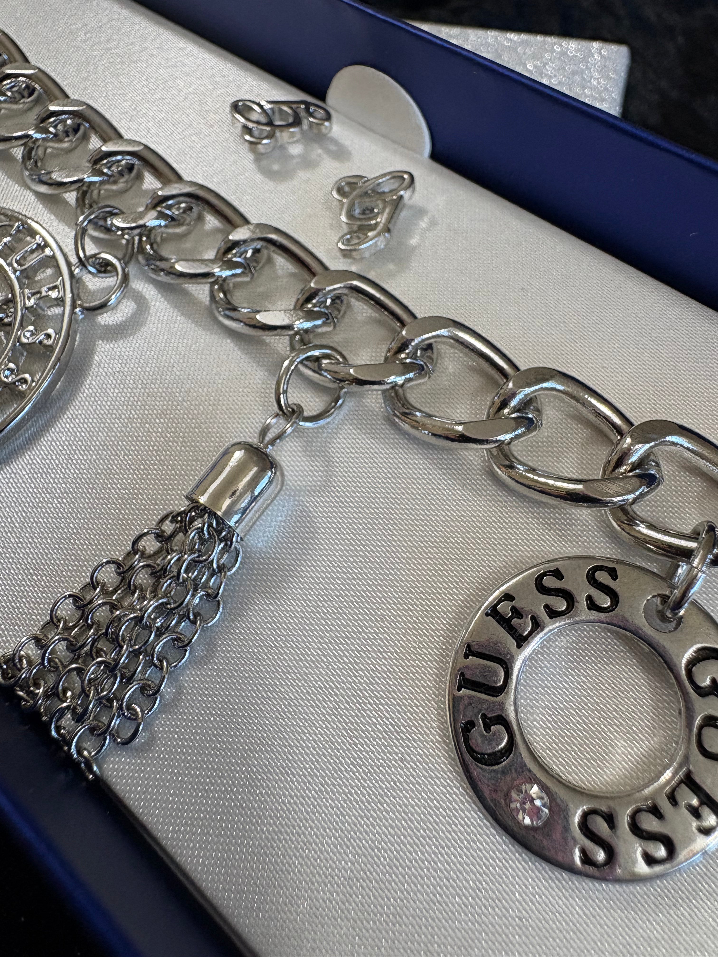 GUESS Silver-Tone Charm Bracelet & Earring Set – New in Box