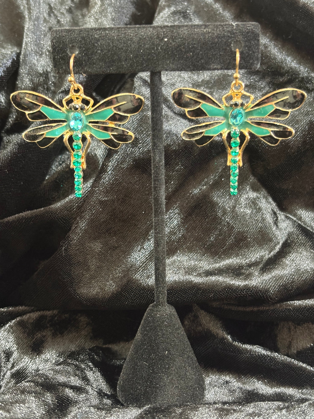 Green & Black Dragonfly Rhinestone Drop Earrings