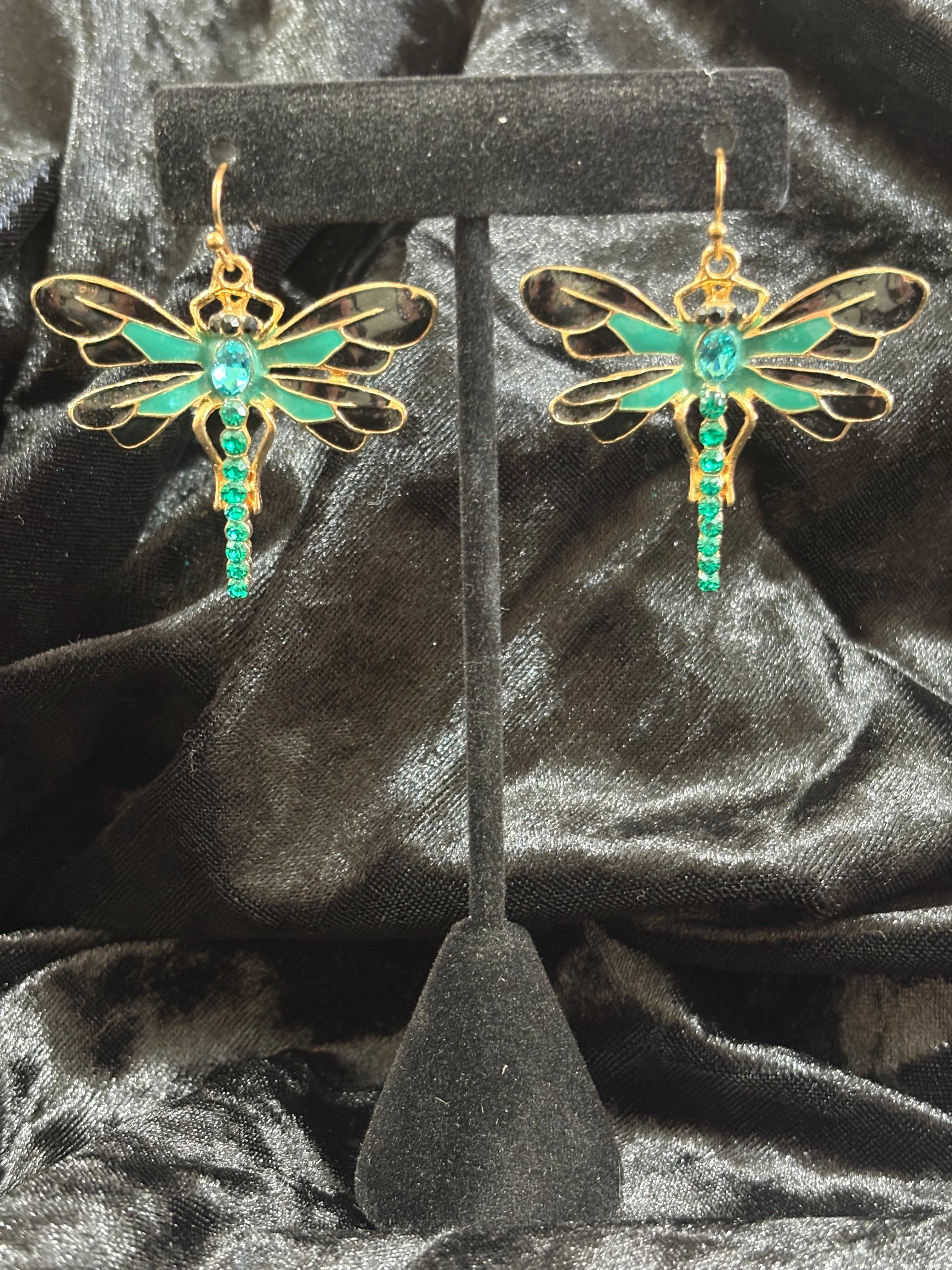 Green & Black Dragonfly Rhinestone Drop Earrings