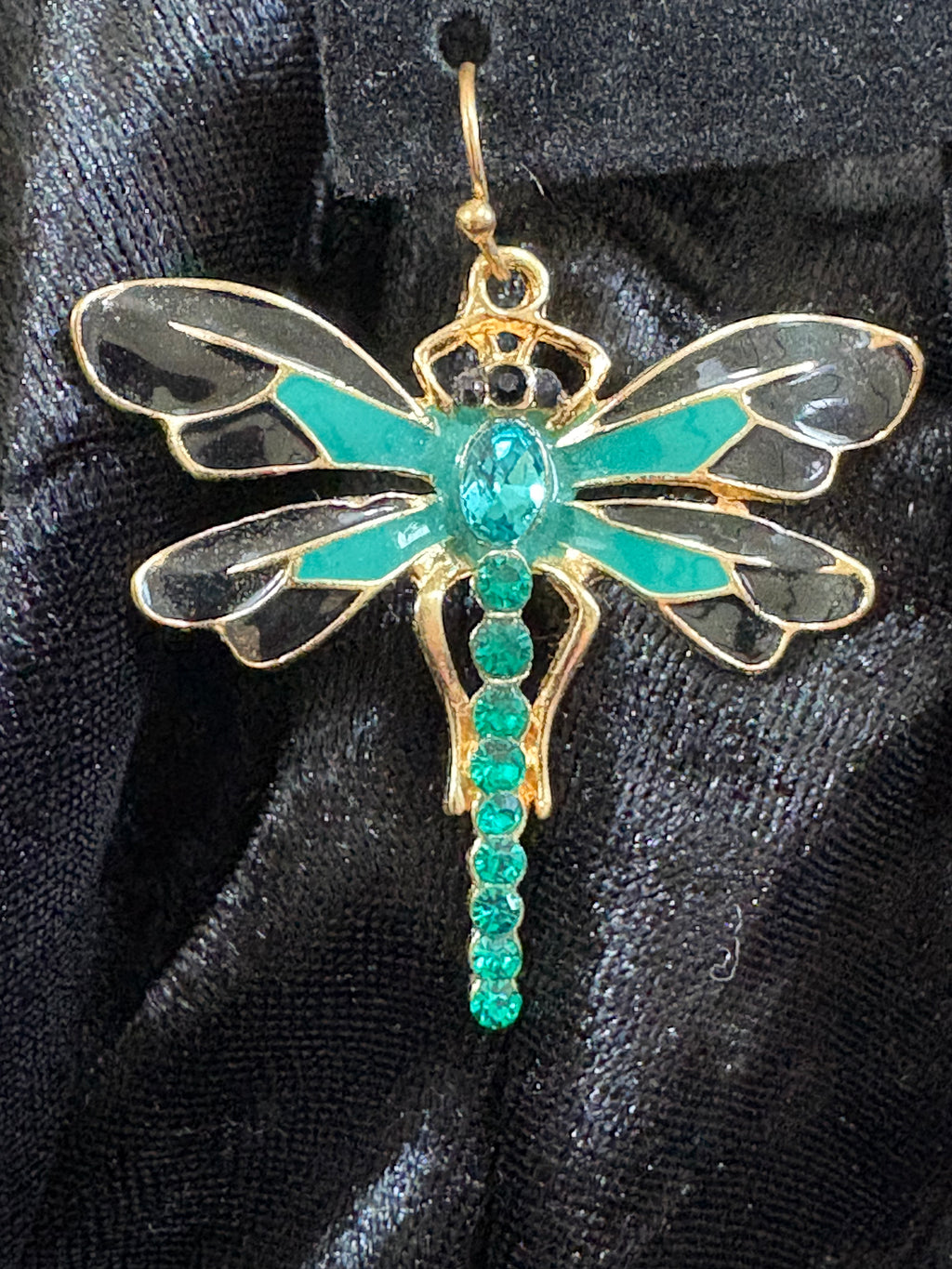 Green & Black Dragonfly Rhinestone Drop Earrings