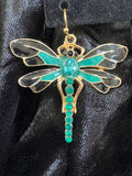 Green & Black Dragonfly Rhinestone Drop Earrings