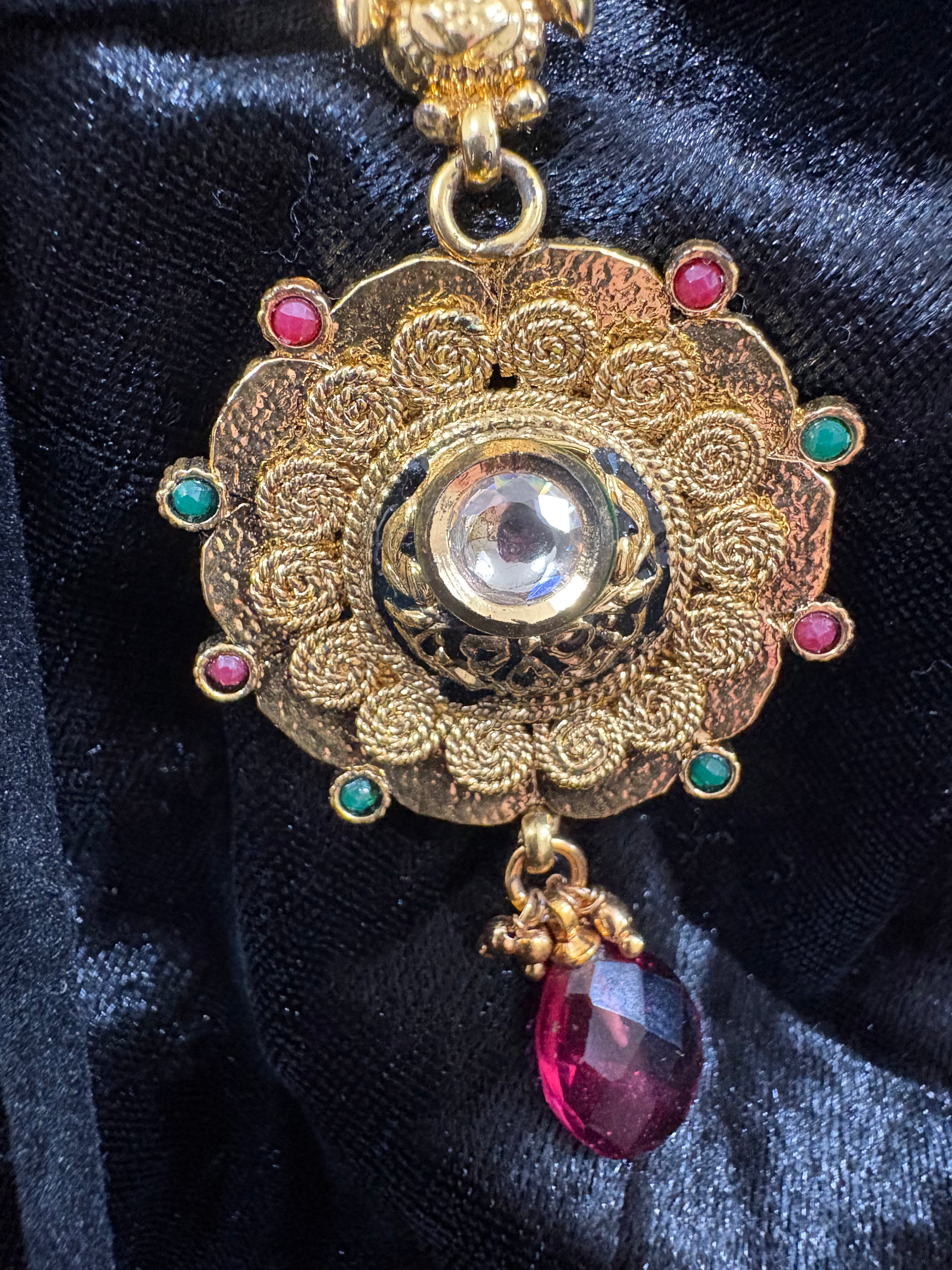 Gold-Tone Ornate Red & Green Statement Drop Earrings