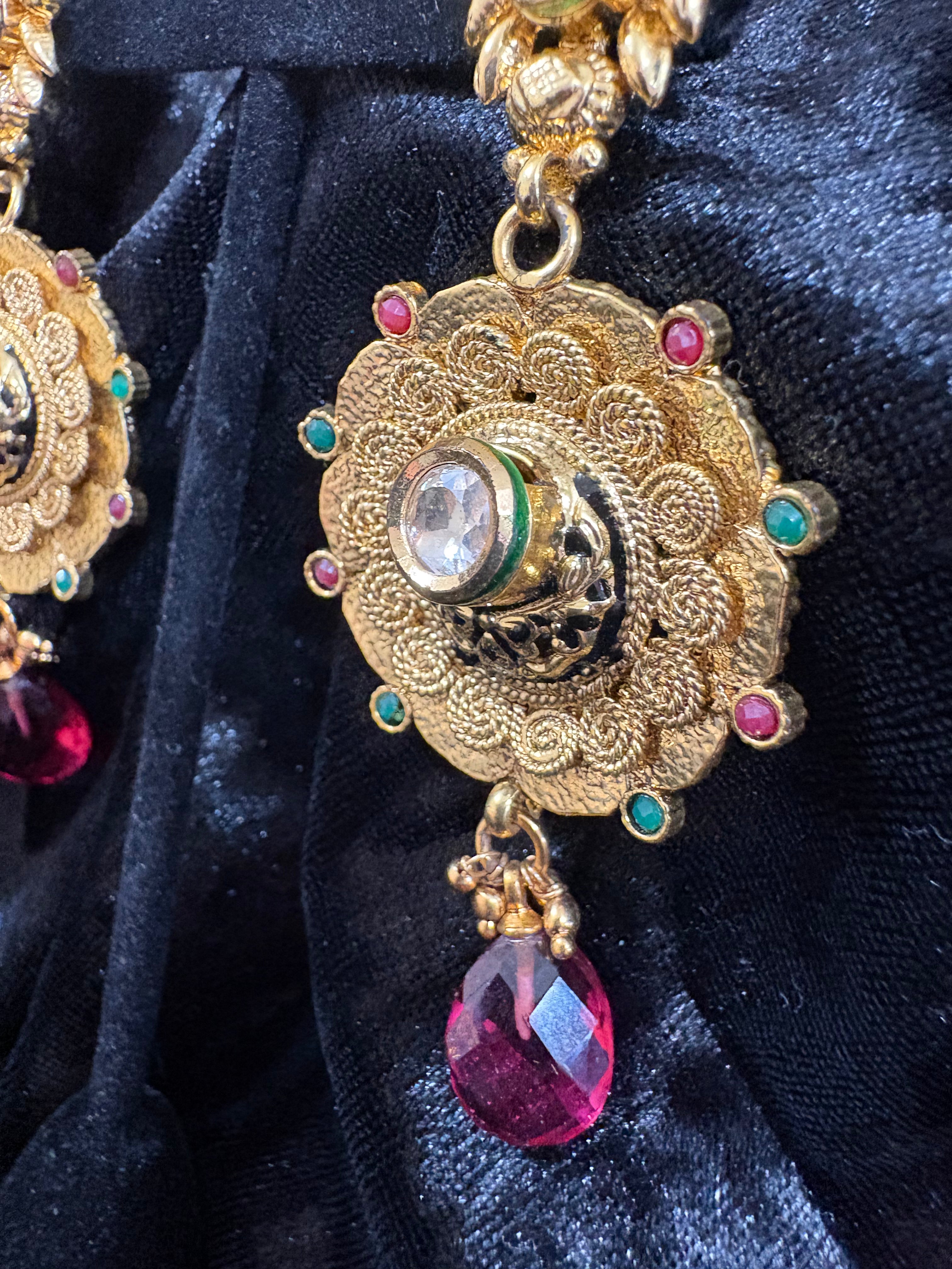 Gold-Tone Ornate Red & Green Statement Drop Earrings