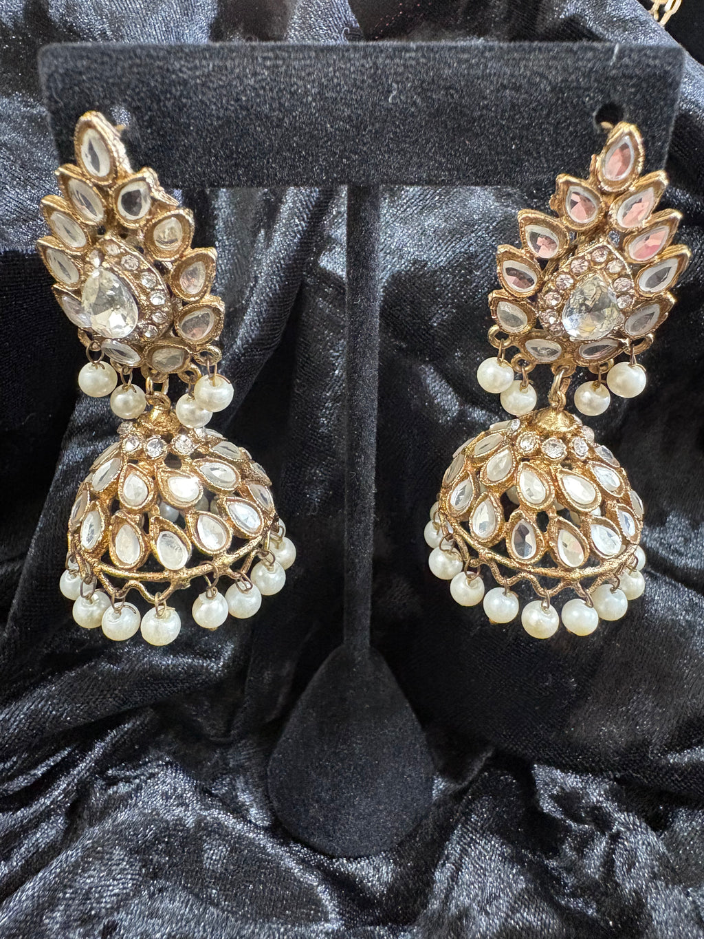 Gold-Tone Jhumka-Inspired Rhinestone & Pearl Drop Earrings