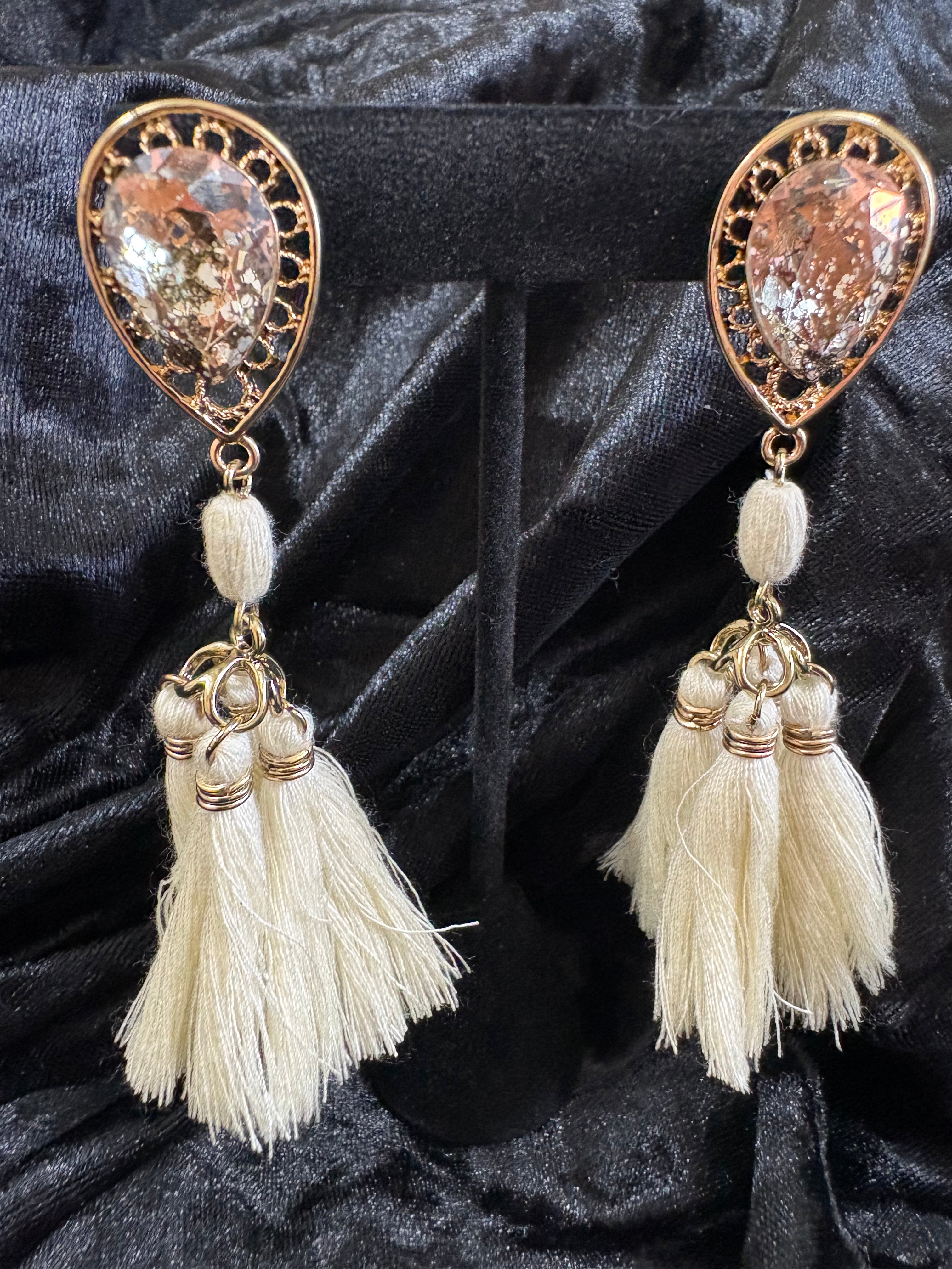 Rose Gold-Tone Blush Crystal & Ivory Tassel Earrings