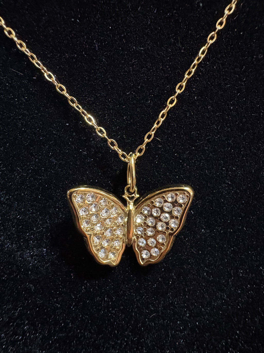 18K Gold-Plated Rhinestone Butterfly Pendant Necklace – 16” + 2” Extender