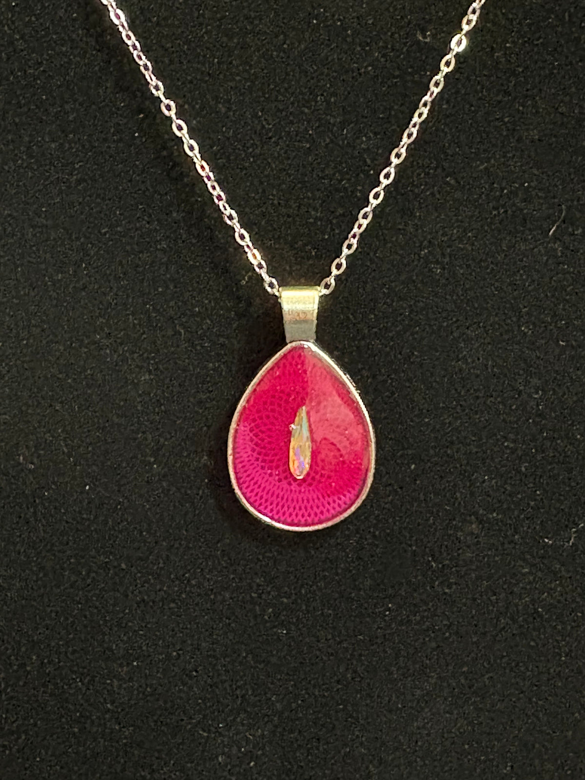 Handmade Hot Pink Teardrop Resin Pendant Necklace – Silver-Tone