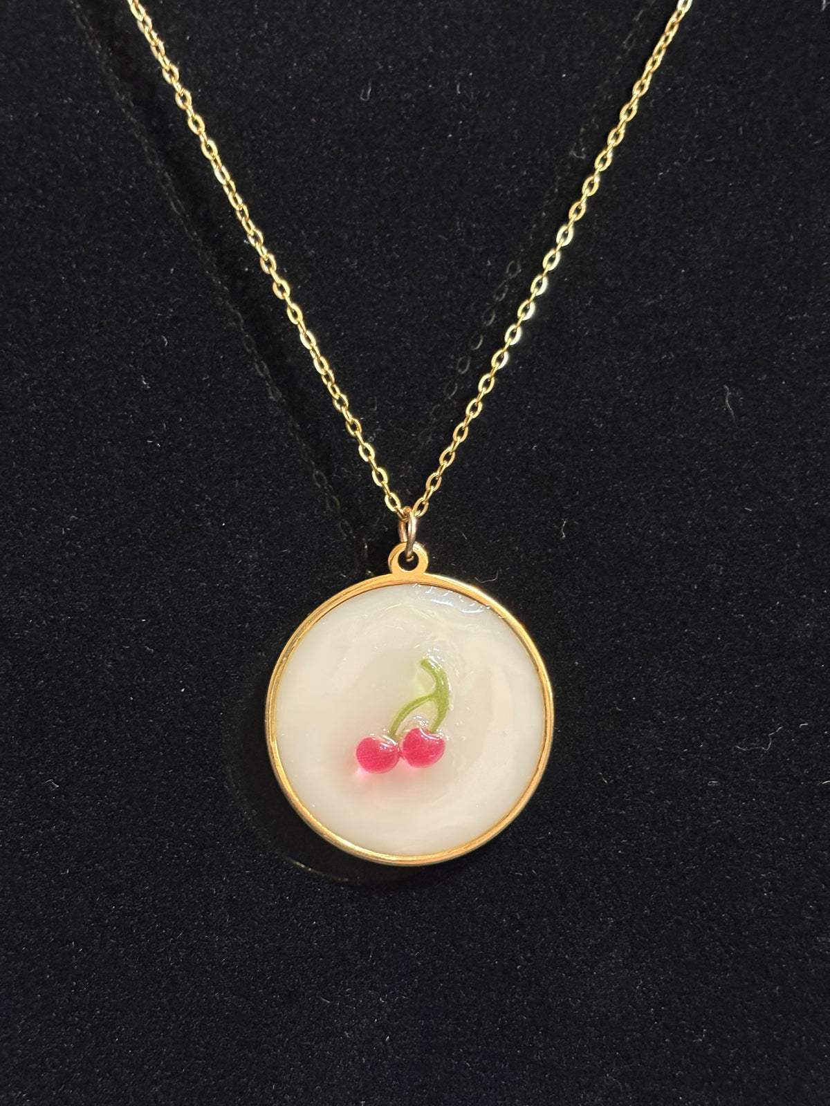 Handmade Cherry UV Resin Pendant Necklace – Gold-Tone