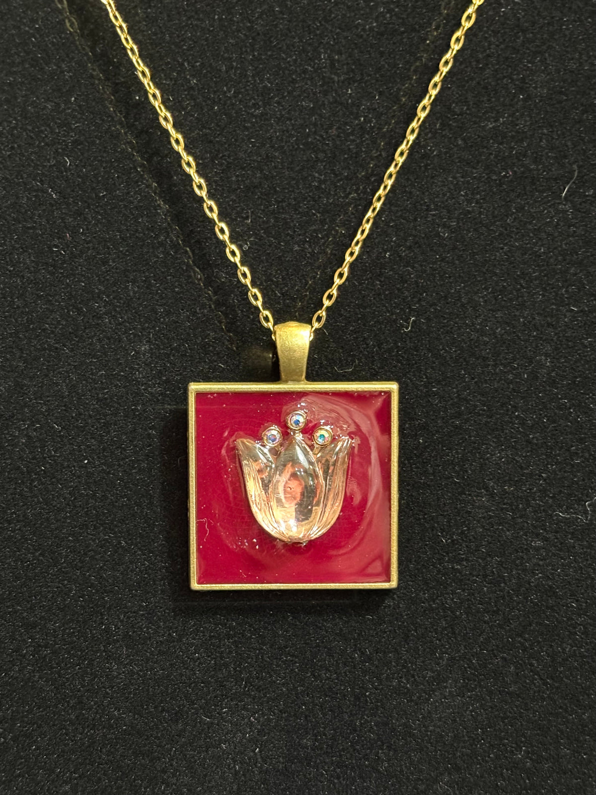 Handmade Gold-Tone Deep Red Floral Charm Necklace