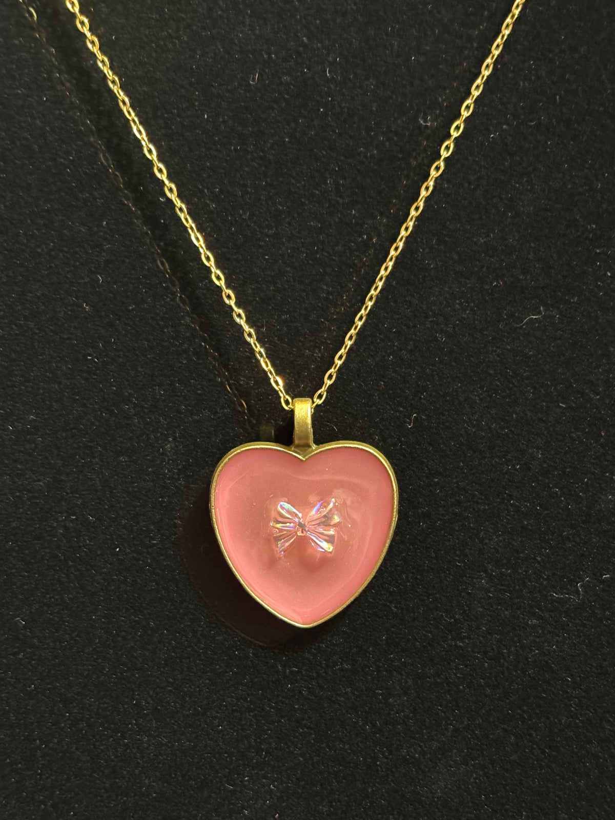 Handmade Gold-Tone Pink Heart & Bow Necklace