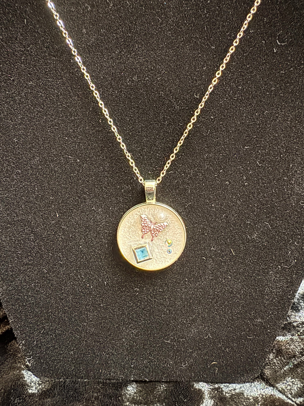 Handmade Silver-Tone Pink Butterfly & Blue Accent Pendant Necklace