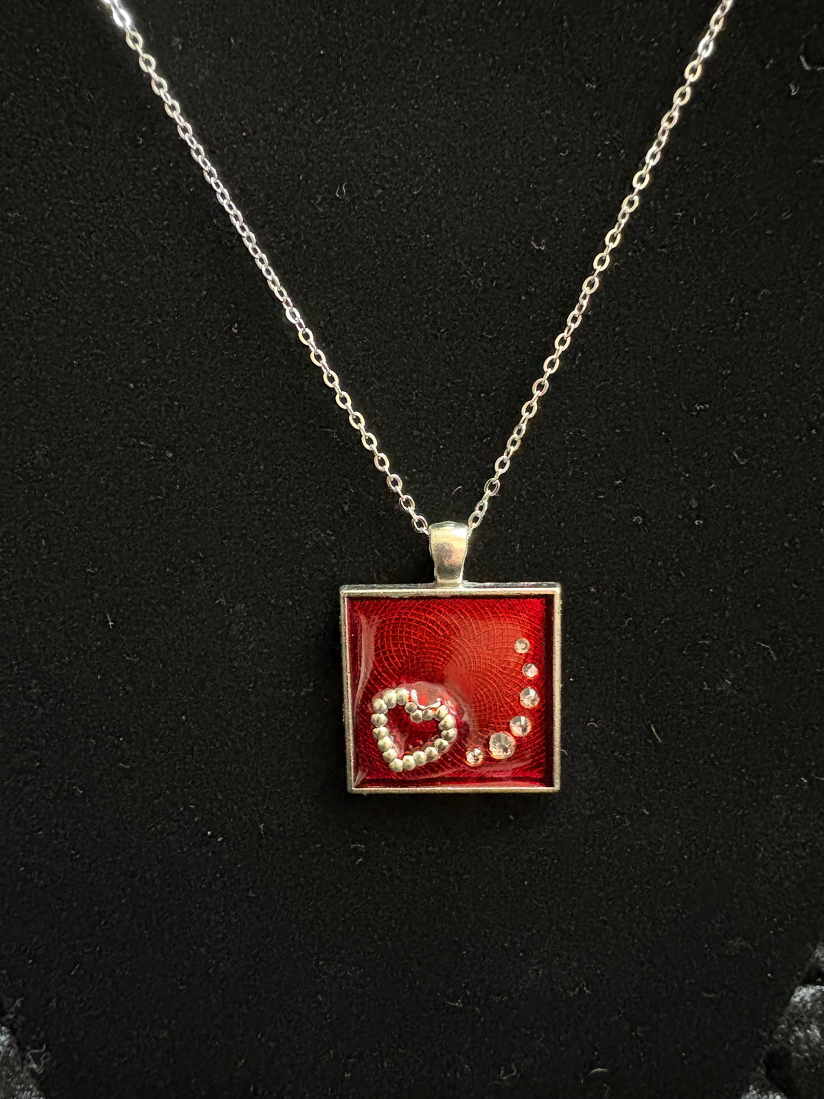 Handmade Deep Red Heart & Rhinestone Silver-Tone Necklace