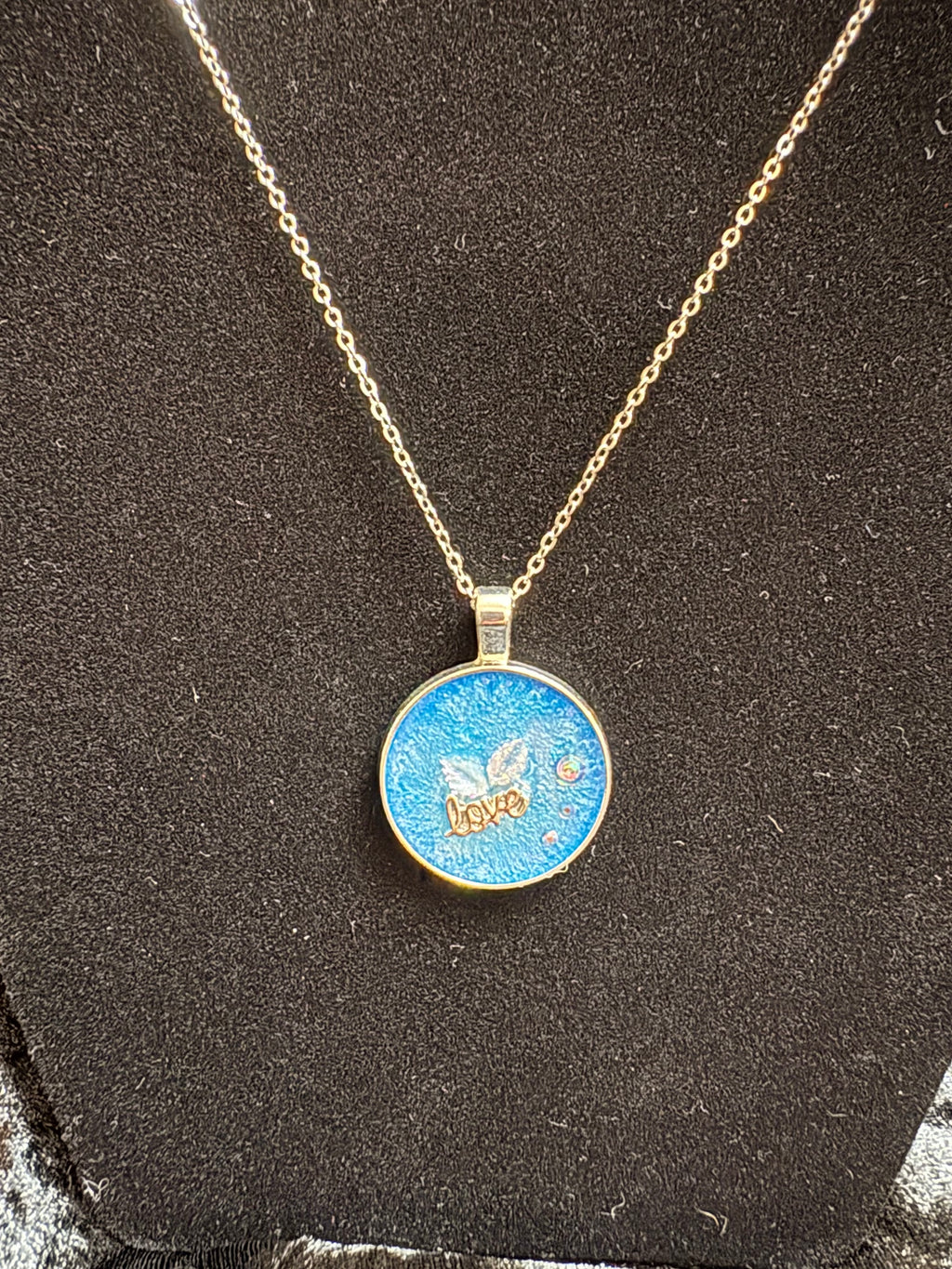 Handmade Shimmery Blue Love & Leaves Pendant Necklace