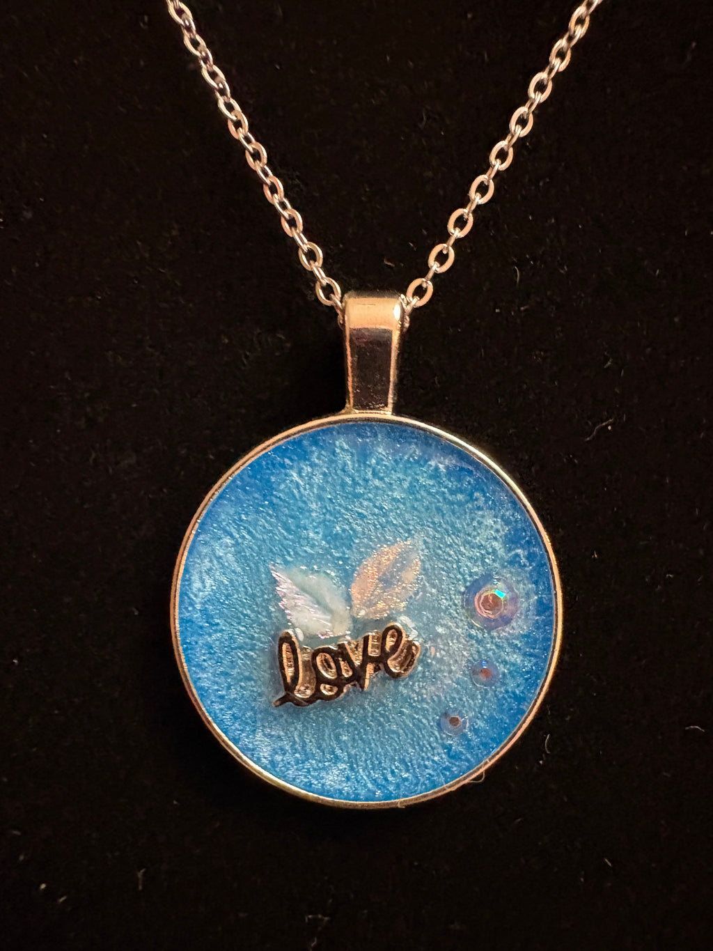 Handmade Shimmery Blue Love & Leaves Pendant Necklace