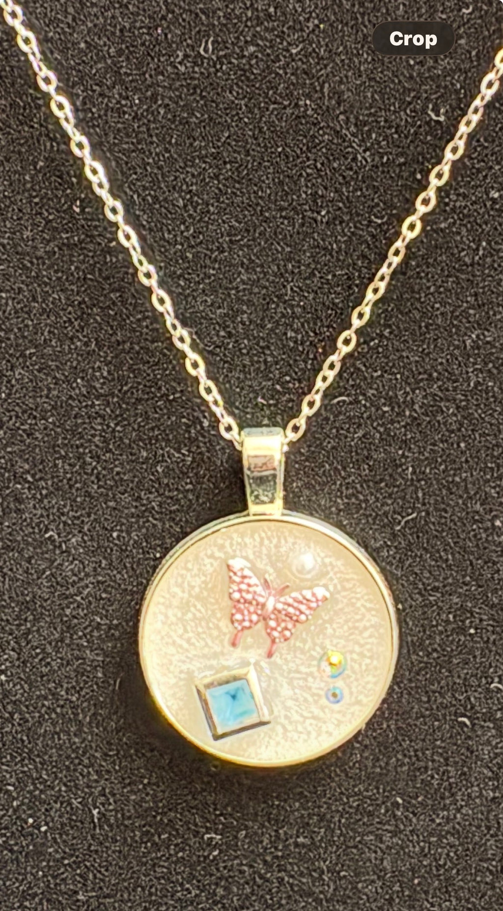 Handmade Silver-Tone Pink Butterfly & Blue Accent Pendant Necklace
